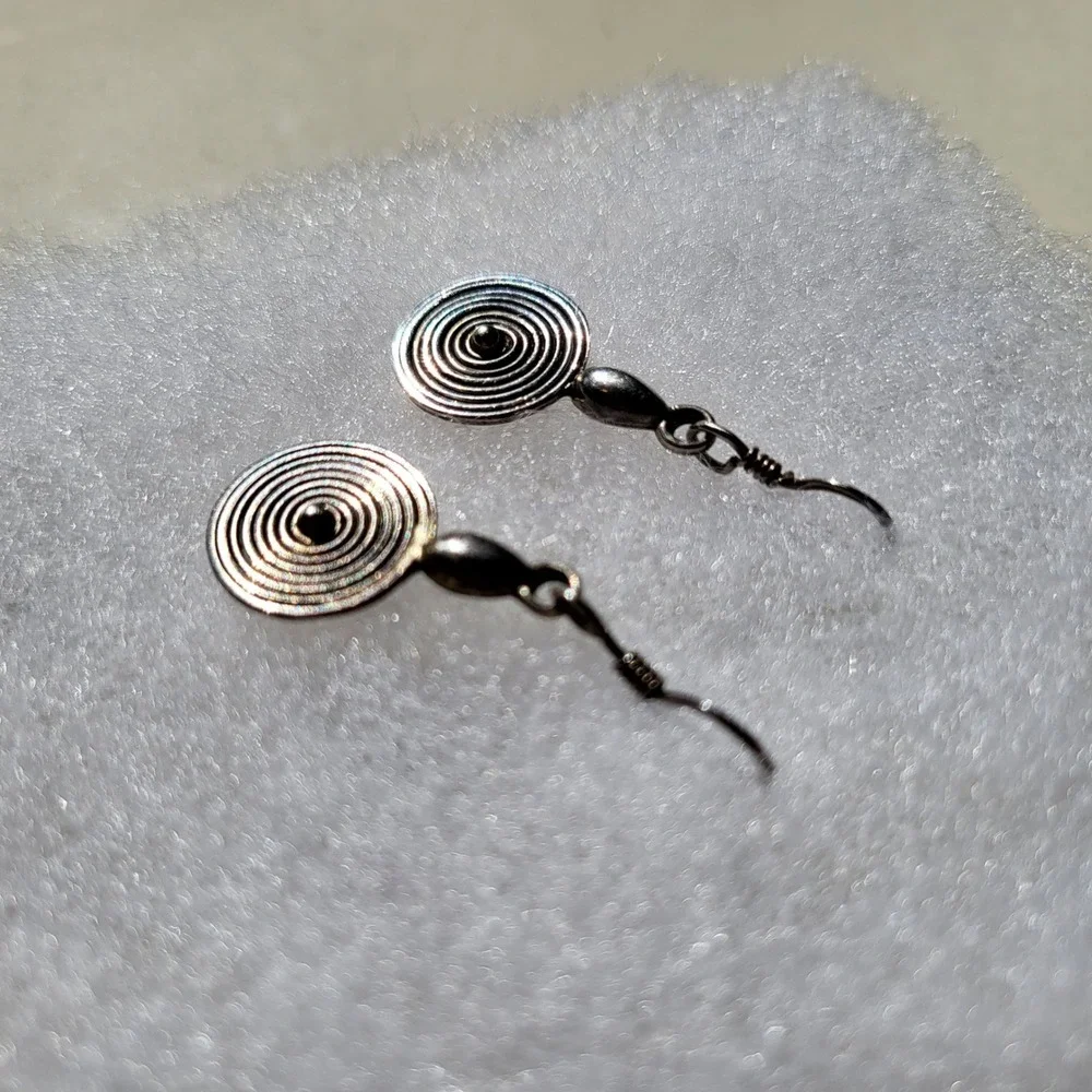 925 Sterling Silver Spiral Drop Earrings Vintage Boho Concentric Circle